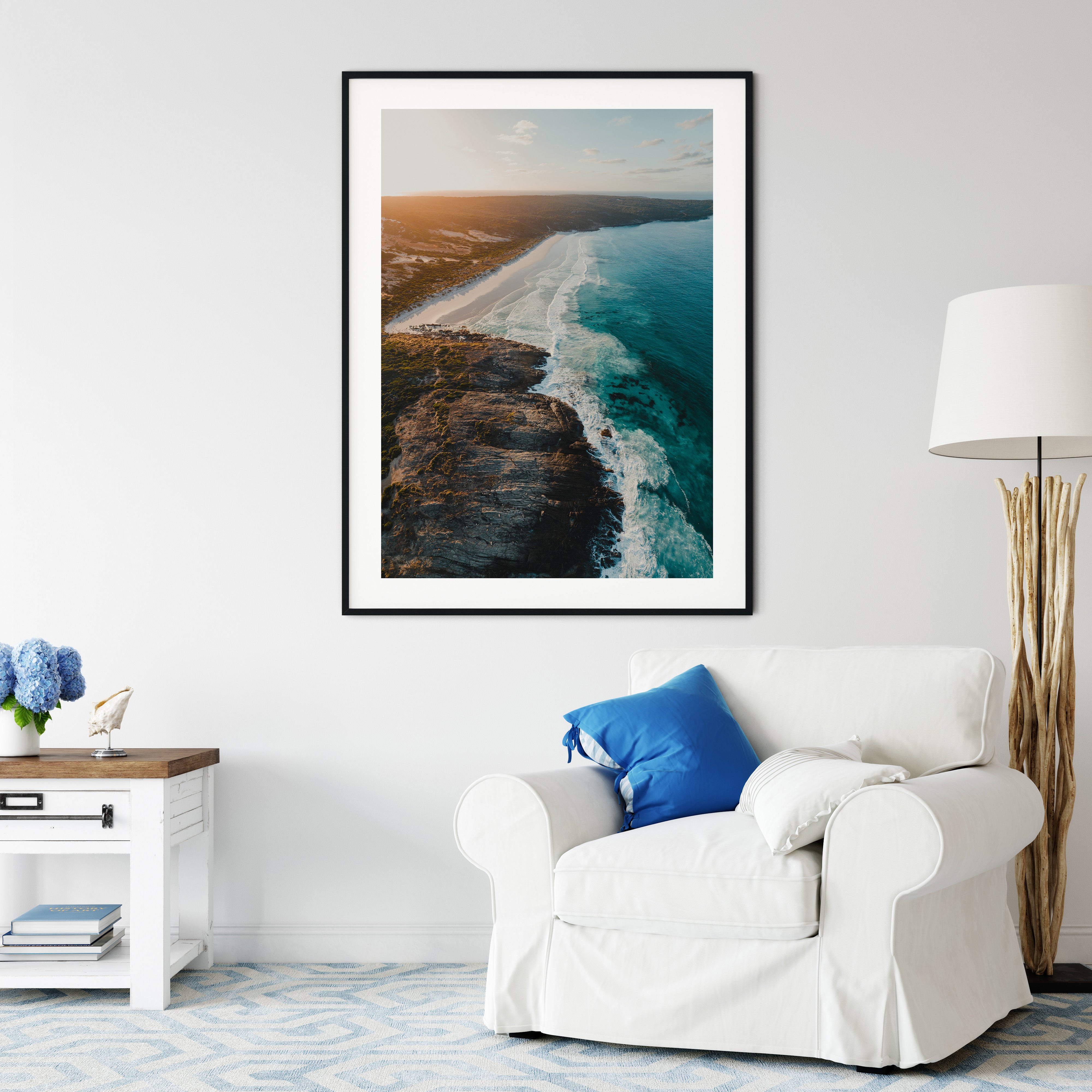 Drone Print of Sunrise over white sand and turquoise water 